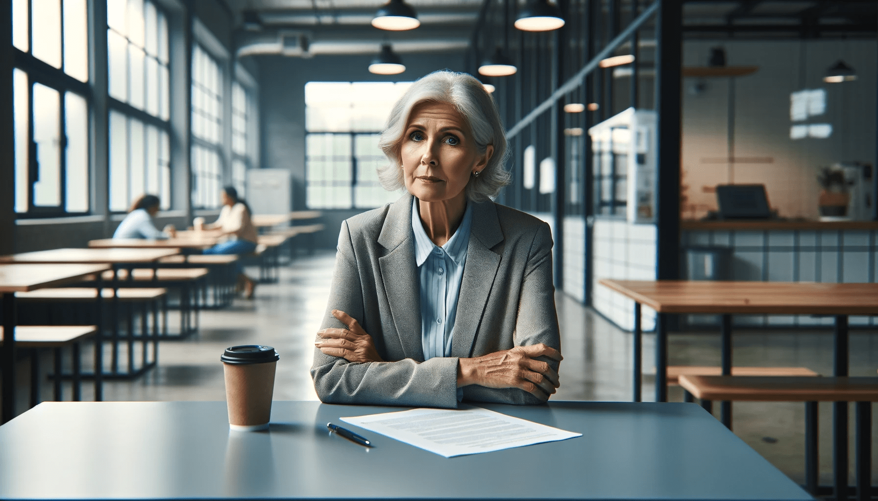 image of an older professional woman sitting in a corporate cafeteria and looking straight into the camera