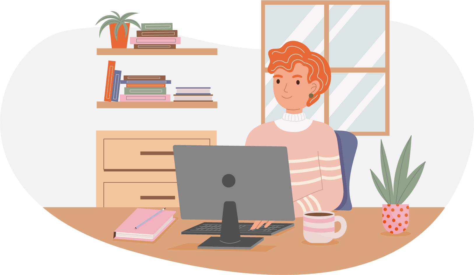 illustration of a woman sitting at a desk working on a computer