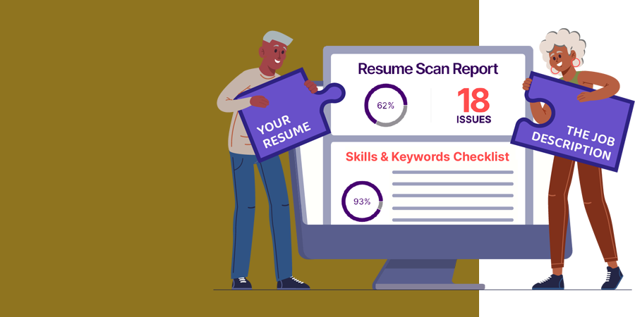 illustration of 2 people holding puzzle peices that will combine a resume and job description. between them is a resume report