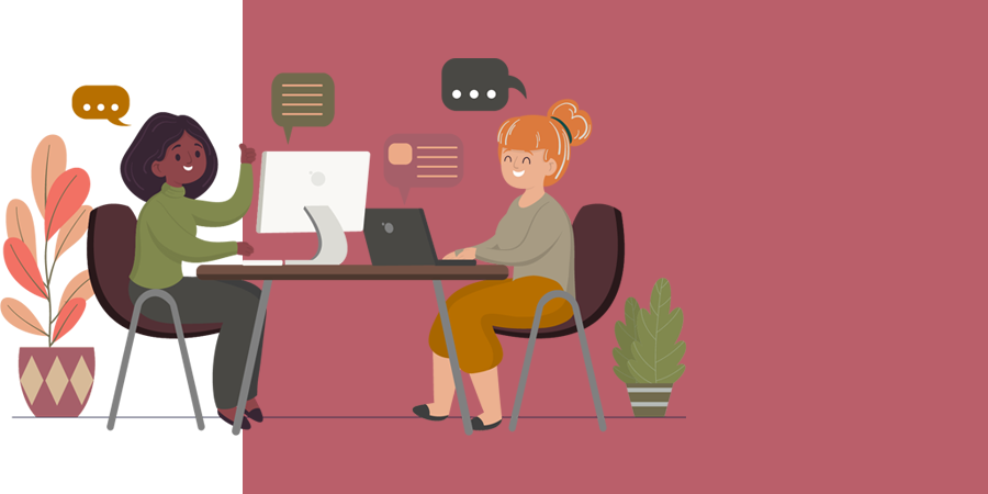 illustration of 2 women sitting accross a desk from one another.  The younger woman on the left is interviewing the older woman on the right.