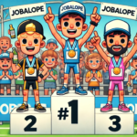 illustration of 3 competitors, standing on the winners blocks after a race. Jobalope has come in first place and is celebrating on tallest block in the center.