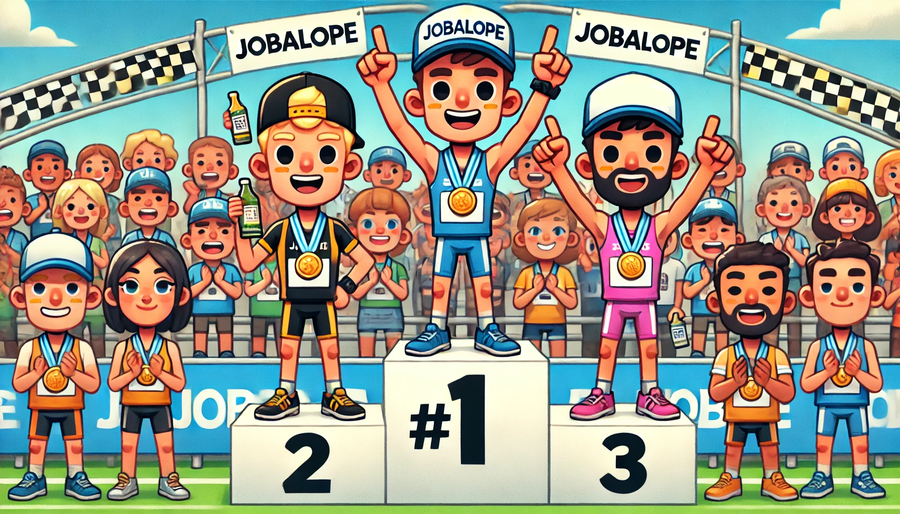 illustration of 3 competitors, standing on the winners blocks after a race. Jobalope has come in first place and is celebrating on tallest block in the center.