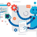 Illustration of robot with 3 arms manipulating a cover letter while also holding data and other technology it's other arms