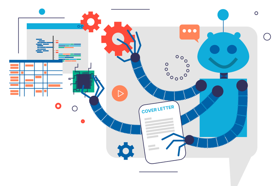 Illustration of robot with 3 arms manipulating a cover letter while also holding data and other technology it's other arms